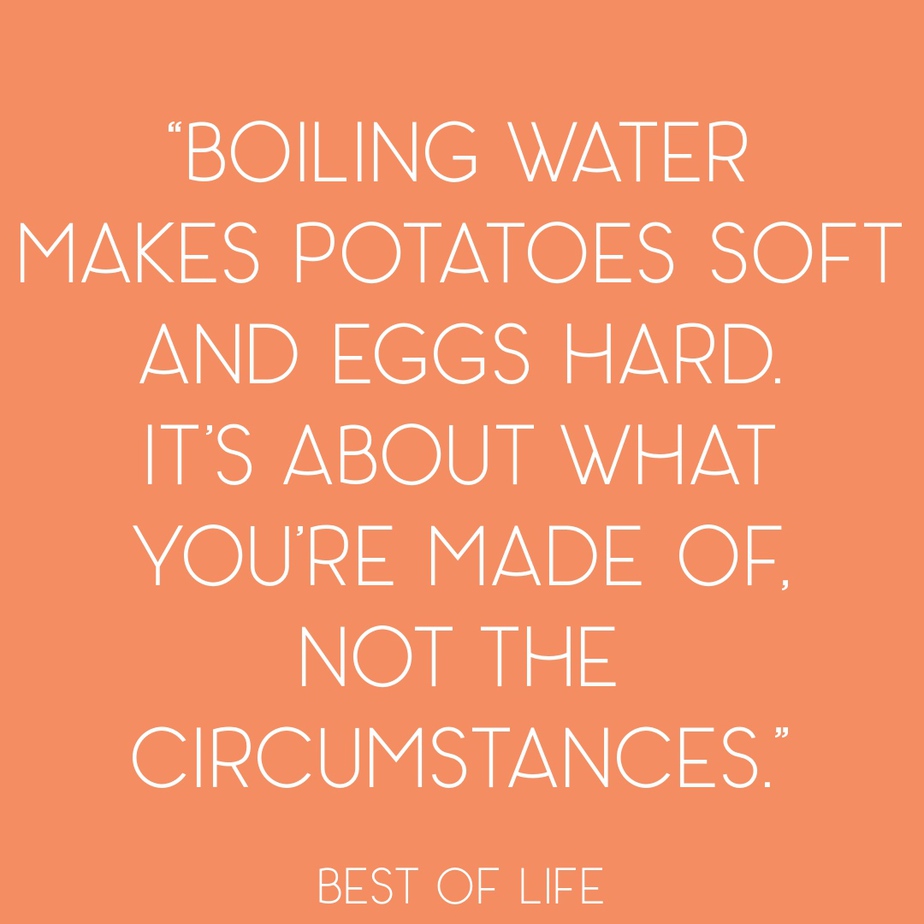 Inspirational Quotes About Life Success "Boiling water makes potatoes soft and eggs hard. It's about what you're made of, not the circumstances."