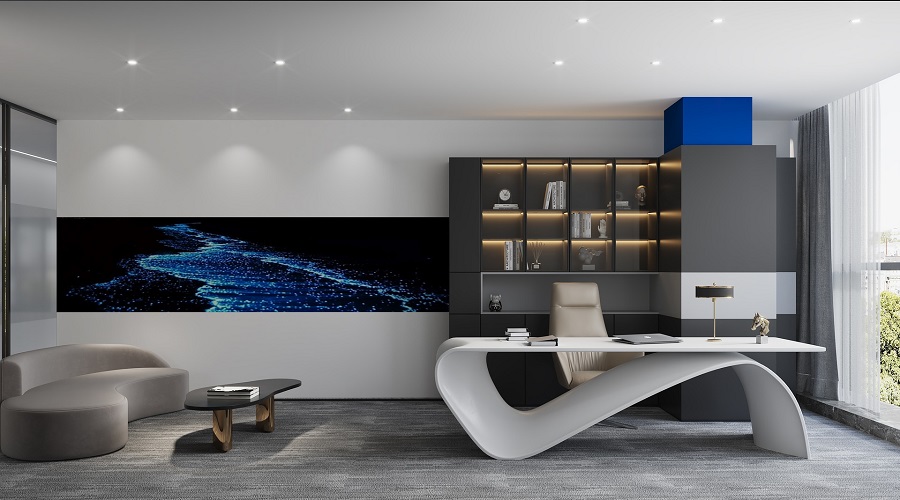 Office Decor Ideas for your Home Office View of the Inside of a Modern Office with a Modern Desk and a Black and Blue Painting on the Wall