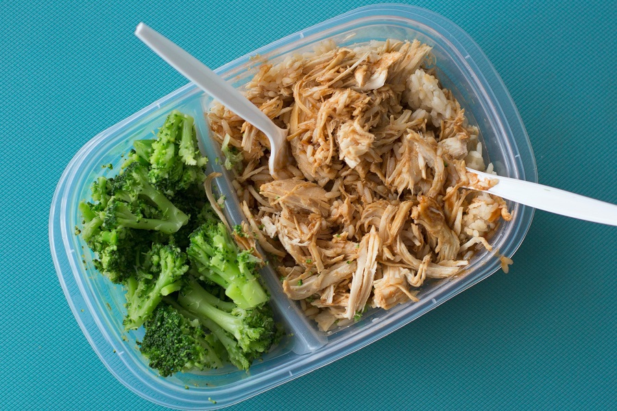 Meal Prep Chicken Recipes Overhead View of a Meal Prep Container with Shredded Chicken and Broccoli 