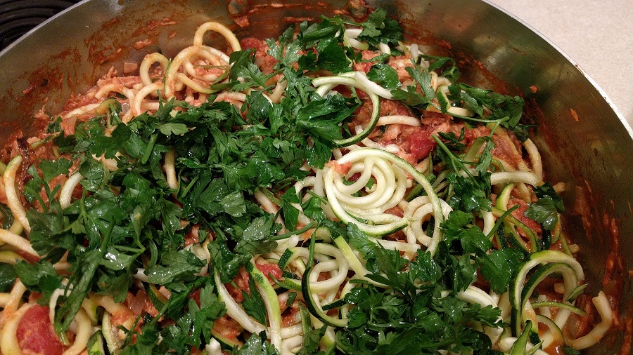 Easy Paleo Recipes Overhead View of a Bowl of Zoodles with Tomato Sauce
