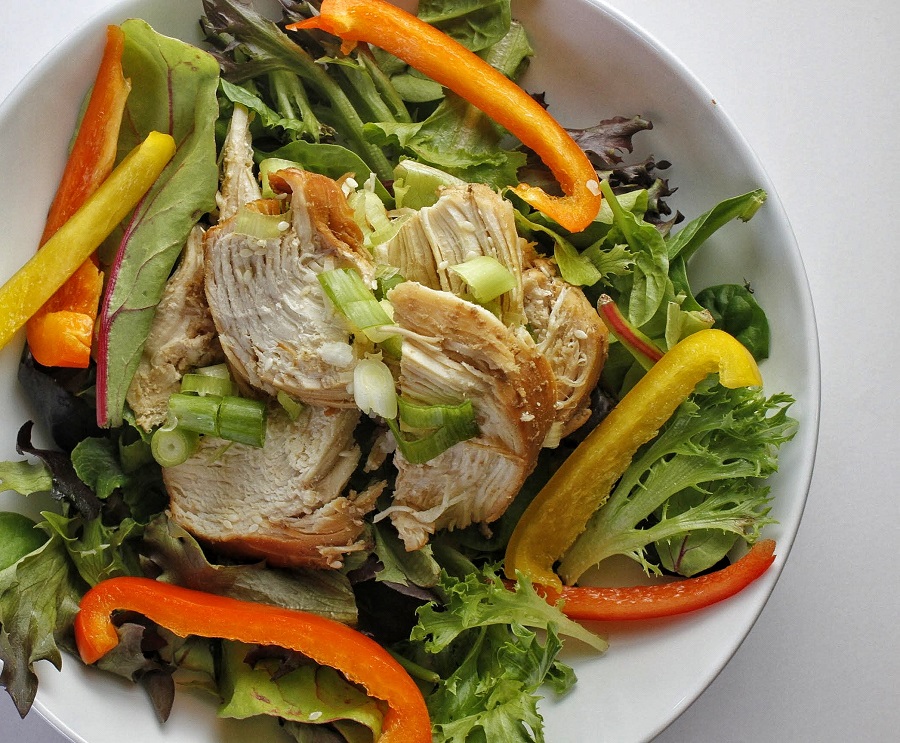 Healthy Dinner Recipes for Easy Weight Loss Overhead View of a Bowl of Teriyaki Chicken Over Salad
