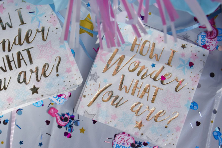 DIY Gender Reveal Ideas Close Up of Two Stacks of Napkins That Say, "How I wonder What You Are"