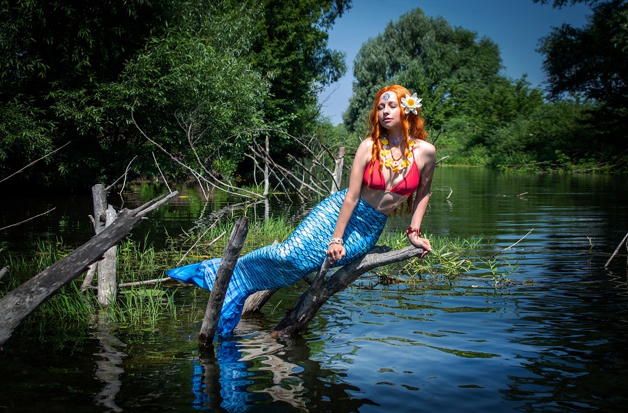 Mermaid Birthday Party Food Ideas Woman Dressed as a Mermaid Sitting on a Tree Branch Above Water