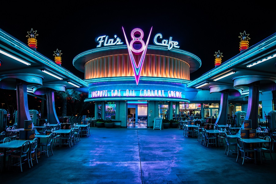 DIY Couple Halloween Costume Ideas for Disney Fans View of Flos Cafe in California Adventure at Night