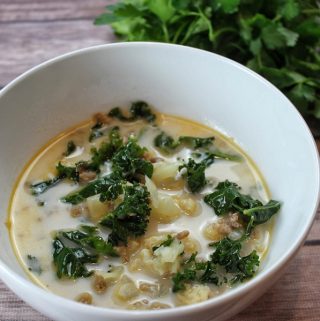 This Instant Pot creamy sausage and kale soup is perfect for family meals and you can easily scale the recipe for a delicious party food. Low Carb Soup Recipes Keto | High Protein Low Carb Soup Recipes | Instant Pot Soup Recipes | Instant Pot Keto Recipes | Healthy Instant Pot Recipes