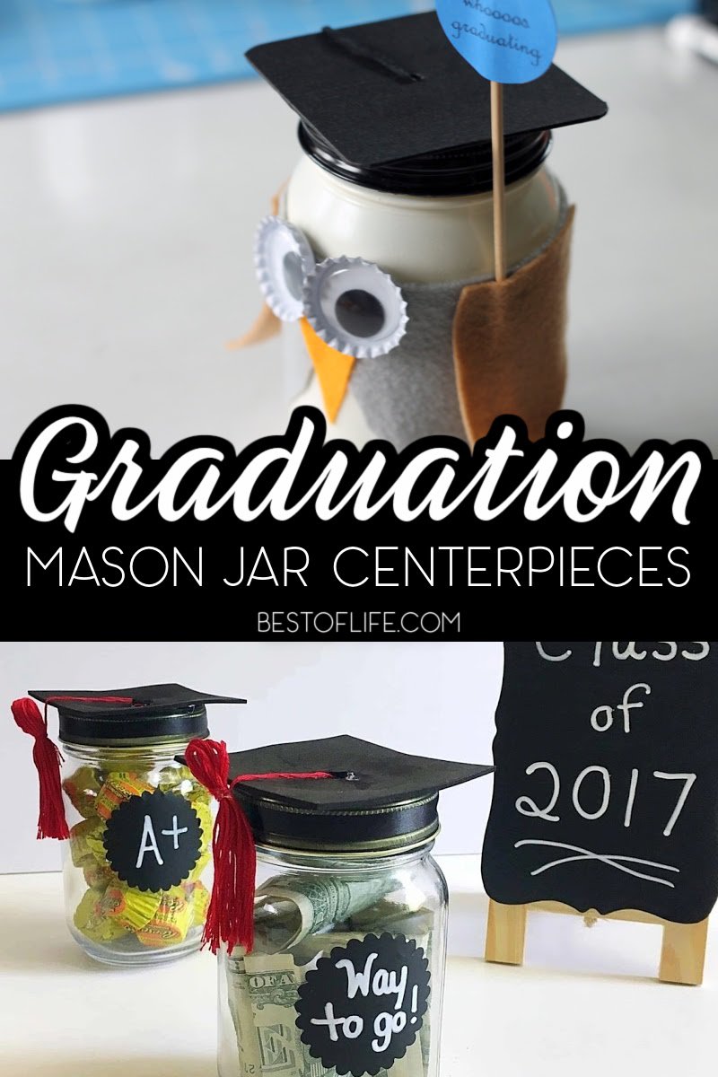 These graduation mason jar centerpieces can be easily personalized and are perfect for celebrating and honoring your graduate at their graduation party. Graduation Gift Ideas | Graduation Party Décor | Graduation Party Decorations | DIY Party Ideas for Graduation | DIY Centerpieces for Graduation | DIY Party Décor | Party Decoration Ideas | Graduation Party Ideas #graduation #DIY 