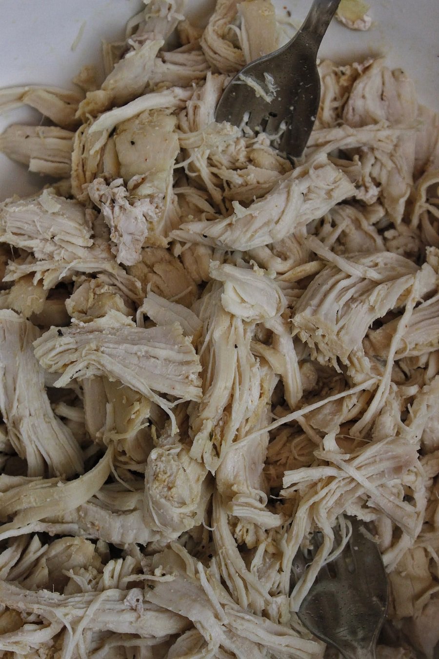 Whole30 Instant Pot Chicken and Vegetable Soup Close Up View of Shredded Chicken