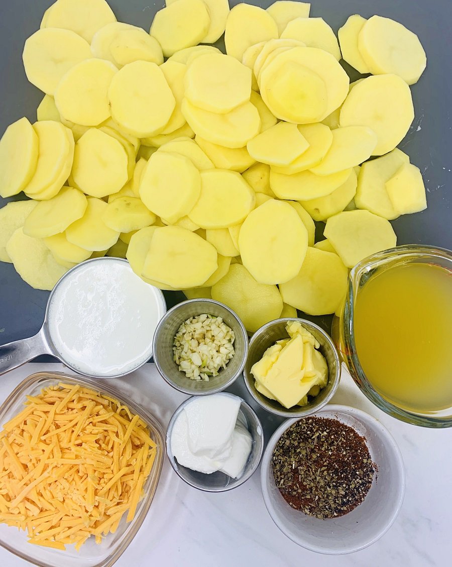 Instant Pot Scalloped Potatoes Ingredients Spread Out on a Table