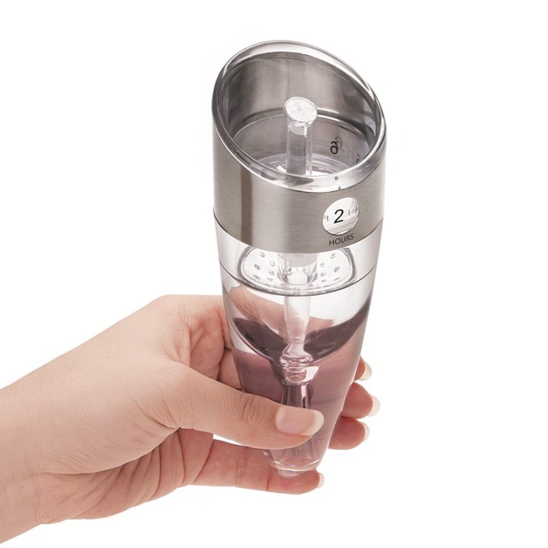 Stainless Steel Luxury Adjustable Wine Aerator Person Holding the Aerator Against a White Background