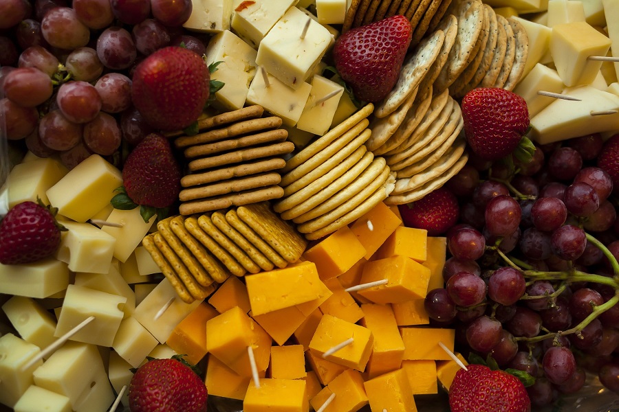 Party Food Platter Finger Food Ideas Close Up of a Cheese, Cracker, and Fruit Platter