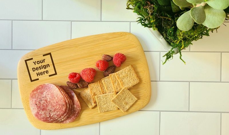 Personalized Mini Charcuterie Board Overhead View of a Cheese Board with "Your Design Here" in the Corner