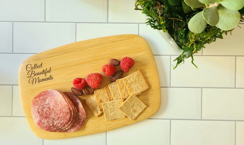 Personalized Mini Charcuterie Board Overhead View of a Cheese Board That Says Collect Beautiful Memories