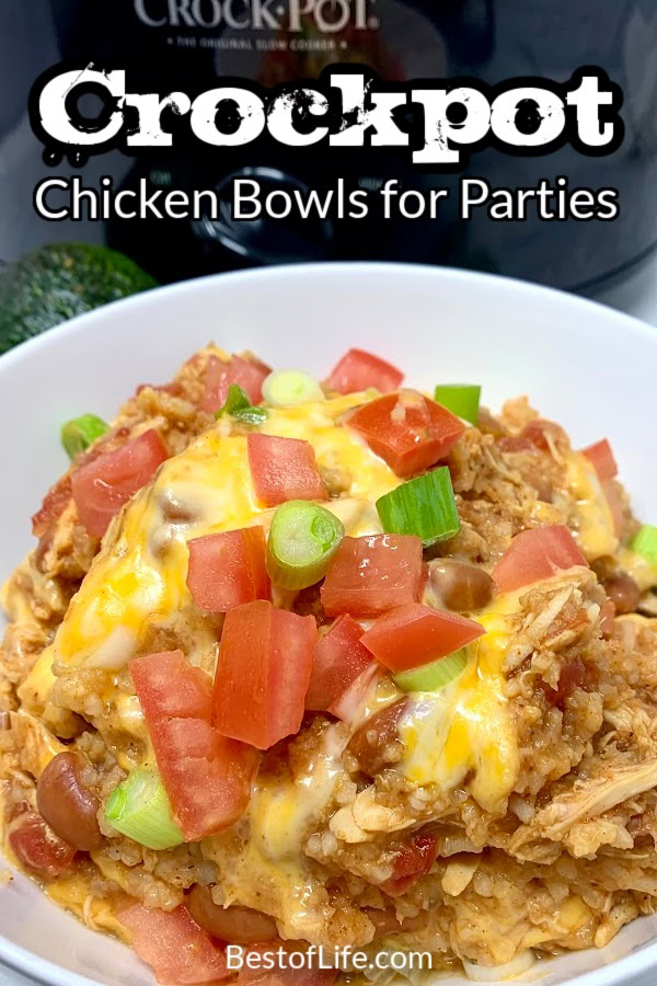 Crockpot chicken bowls make perfect party food recipes or game day recipes to keep the party fueled with easy to make party food ideas. Chicken Taco Bowls | Crockpot Party Recipes | Crockpot Mexican Recipes | Slow Cooker Burrito Bowl Recipe | Party Food Recipes | Slow Cooker Party Recipes | Easy Dinner Recipes | Slow Cooker Chicken Recipes via @thebestoflife