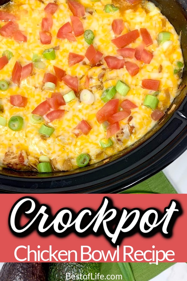 Crockpot chicken bowls make perfect party food recipes or game day recipes to keep the party fueled with easy to make party food ideas. Chicken Taco Bowls | Crockpot Party Recipes | Crockpot Mexican Recipes | Slow Cooker Burrito Bowl Recipe | Party Food Recipes | Slow Cooker Party Recipes | Easy Dinner Recipes | Slow Cooker Chicken Recipes #crockpot #partyfood via @thebestoflife