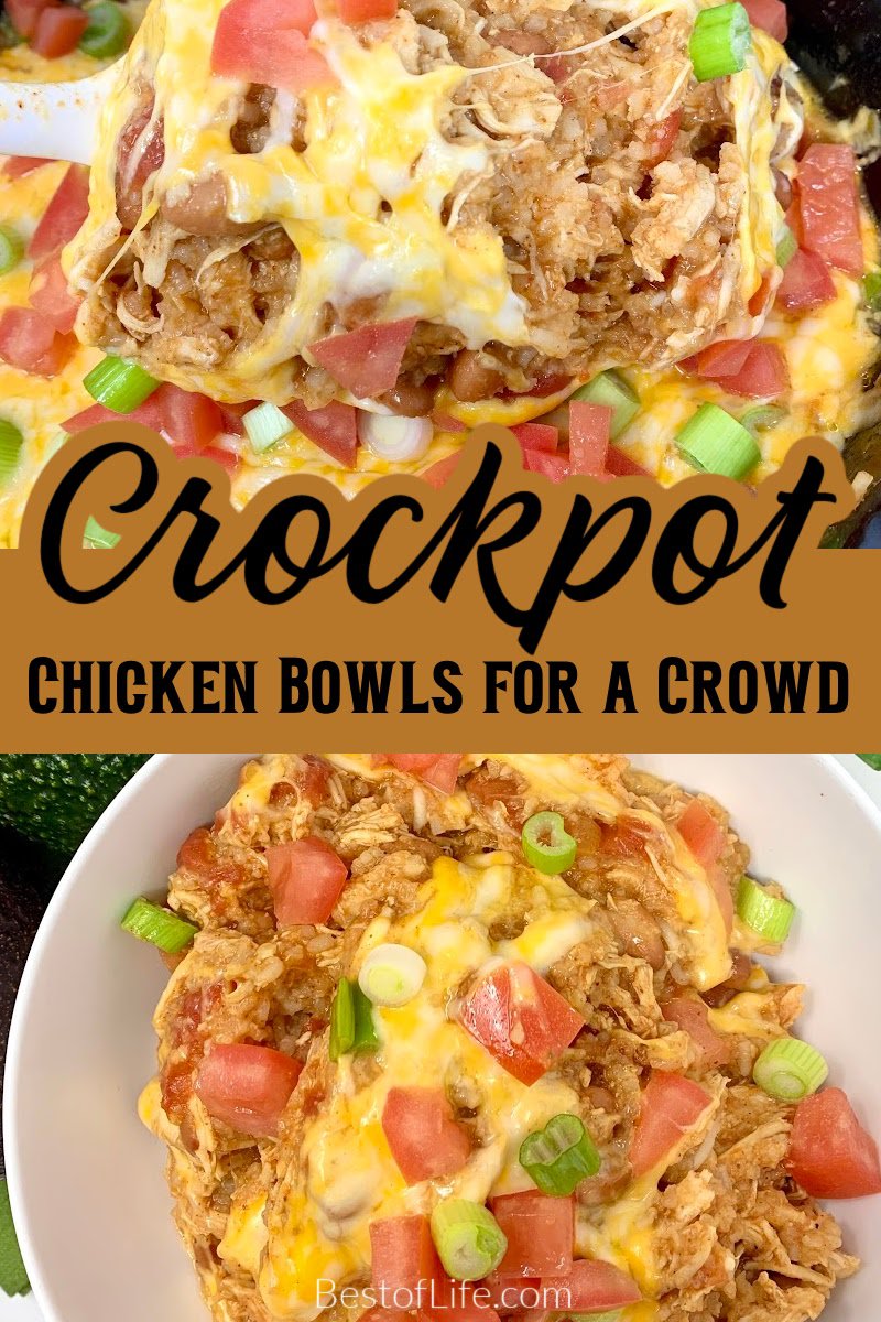 Crockpot chicken bowls make perfect party food recipes or game day recipes to keep the party fueled with easy to make party food ideas. Chicken Taco Bowls | Crockpot Party Recipes | Crockpot Mexican Recipes | Slow Cooker Burrito Bowl Recipe | Party Food Recipes | Slow Cooker Party Recipes | Easy Dinner Recipes | Slow Cooker Chicken Recipes via @thebestoflife