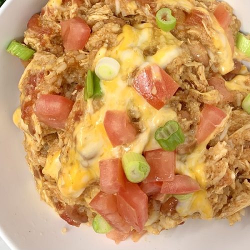 Crockpot Chicken Bowls Party Food Recipe Overhead View of a White Bowl Filled with Finished Dish