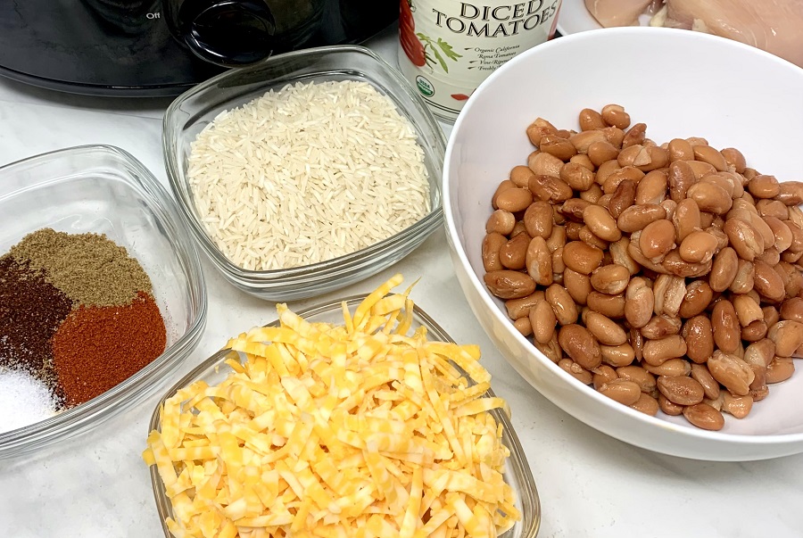 Crockpot Chicken Bowls Party Food Recipe Ingredients Gathered on a Surface