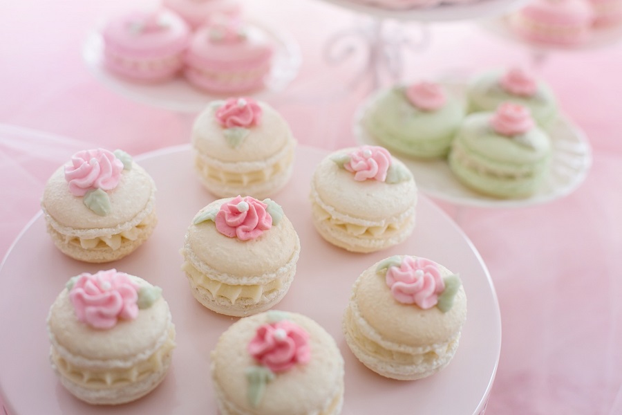 Bridal Shower Games Close Up of Pink French Macarons Set Up for a Bridal Shower