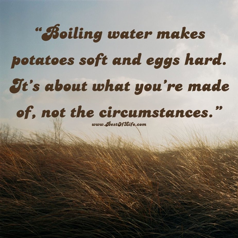 Best Inspirational Quotes About Life "Boiling water makes potatoes soft and eggs hard. It's about what you're made of, not the circumstances."