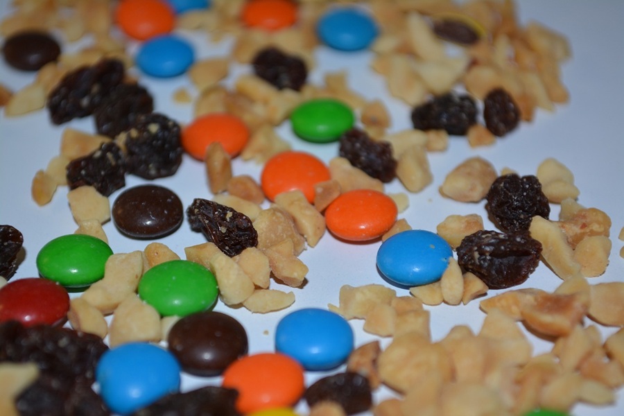 Grab and Go Quick Snacks Close Up of Trail Mix on a White Surface