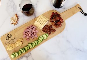 Overhead View of a Personalized Engraved Wedding Wine Bottle Charcuterie Board