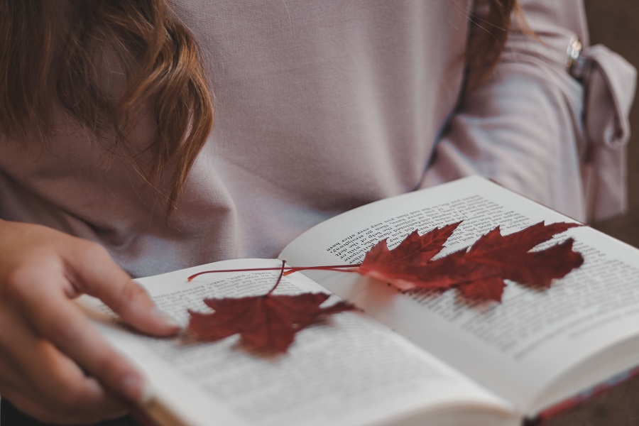 Bullet Journal Fall Leaves Ideas Close Up of a Woman Holding a Book Open with Two Fall Leaves on the Pages