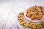 Gluten Free Chocolate Chip Cookies Recipes Close Up of a Pink Plate with Chocolate Chip Cookies