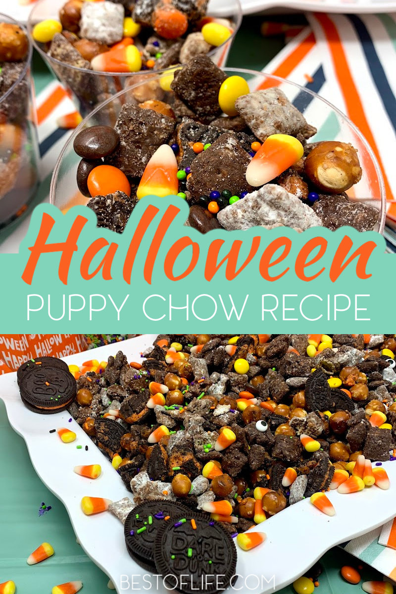Make this Halloween puppy chow recipe for a fun and festive Halloween party recipe that both kids and adults will enjoy! Halloween Party Recipes | Halloween Snack Recipes | Recipes to Make with Kids | Snack Recipes for Fall | Fall Treat Recipes | Halloween Puppy Chow Chex Mix Recipe | Check Mix Snack Ideas | Halloween Party Ideas | Halloween Recipes for Kids | Fun Recipes for Halloween #halloweenrecipes #puppychow via @thebestoflife