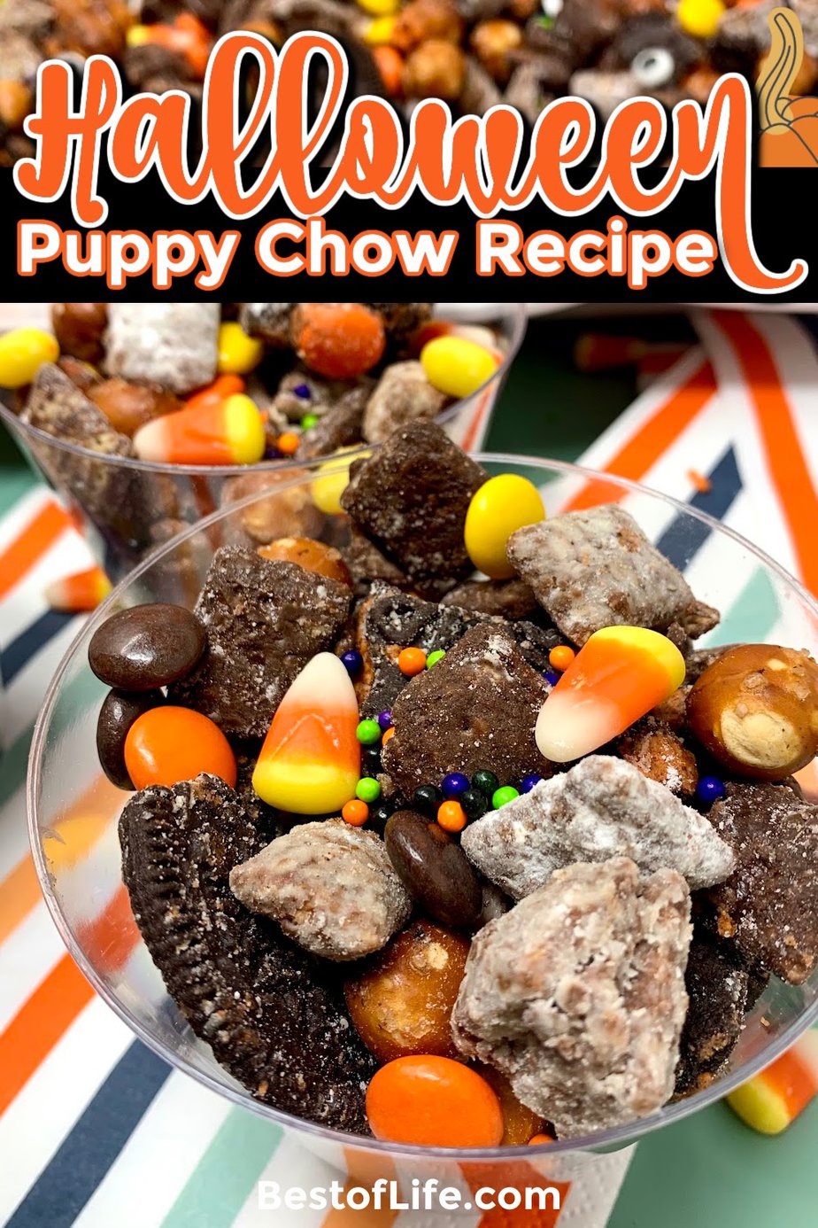 Make this Halloween puppy chow recipe for a fun and festive Halloween party recipe that both kids and adults will enjoy! Halloween Party Recipes | Halloween Snack Recipes | Recipes to Make with Kids | Snack Recipes for Fall | Fall Treat Recipes | Halloween Puppy Chow Chex Mix Recipe | Check Mix Snack Ideas | Halloween Party Ideas | Halloween Recipes for Kids | Fun Recipes for Halloween #halloweenrecipes #puppychow via @thebestoflife