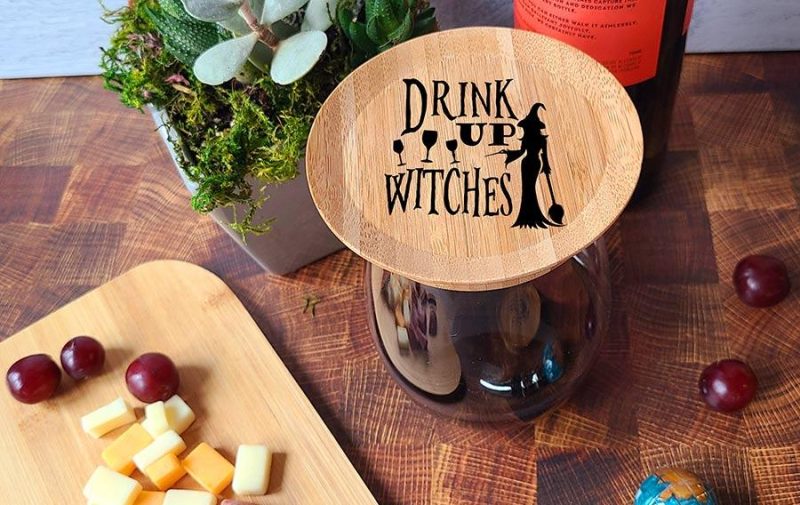 Halloween Themed Wine Glass Topper Appetizer Plates Drink Up Witches