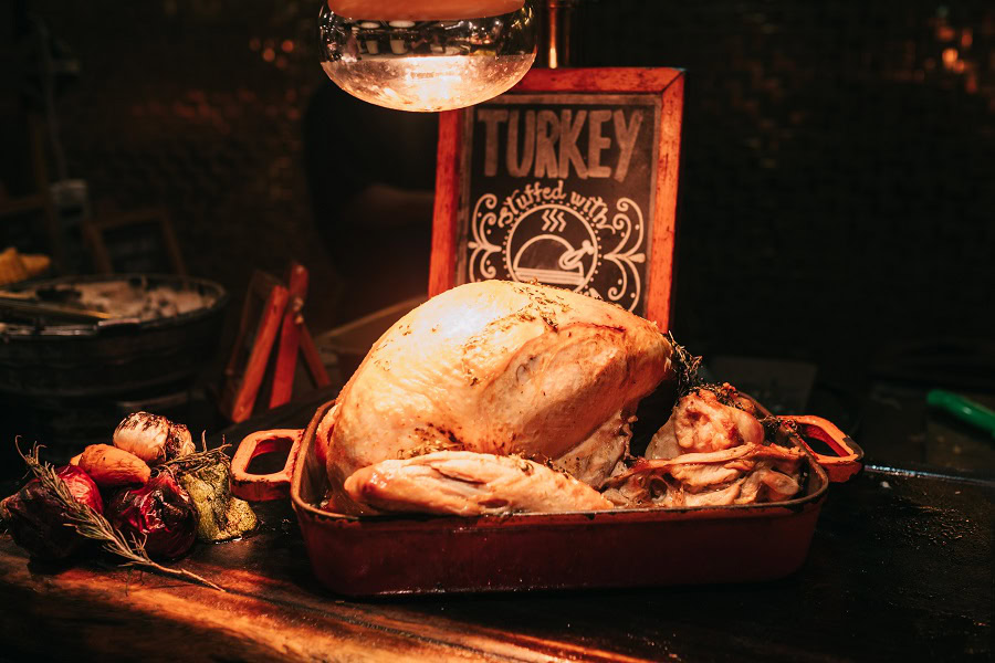 Easy Printable Thanksgiving Games Close Up of a Cooked Turkey on a Platter Under a Heat Lamp