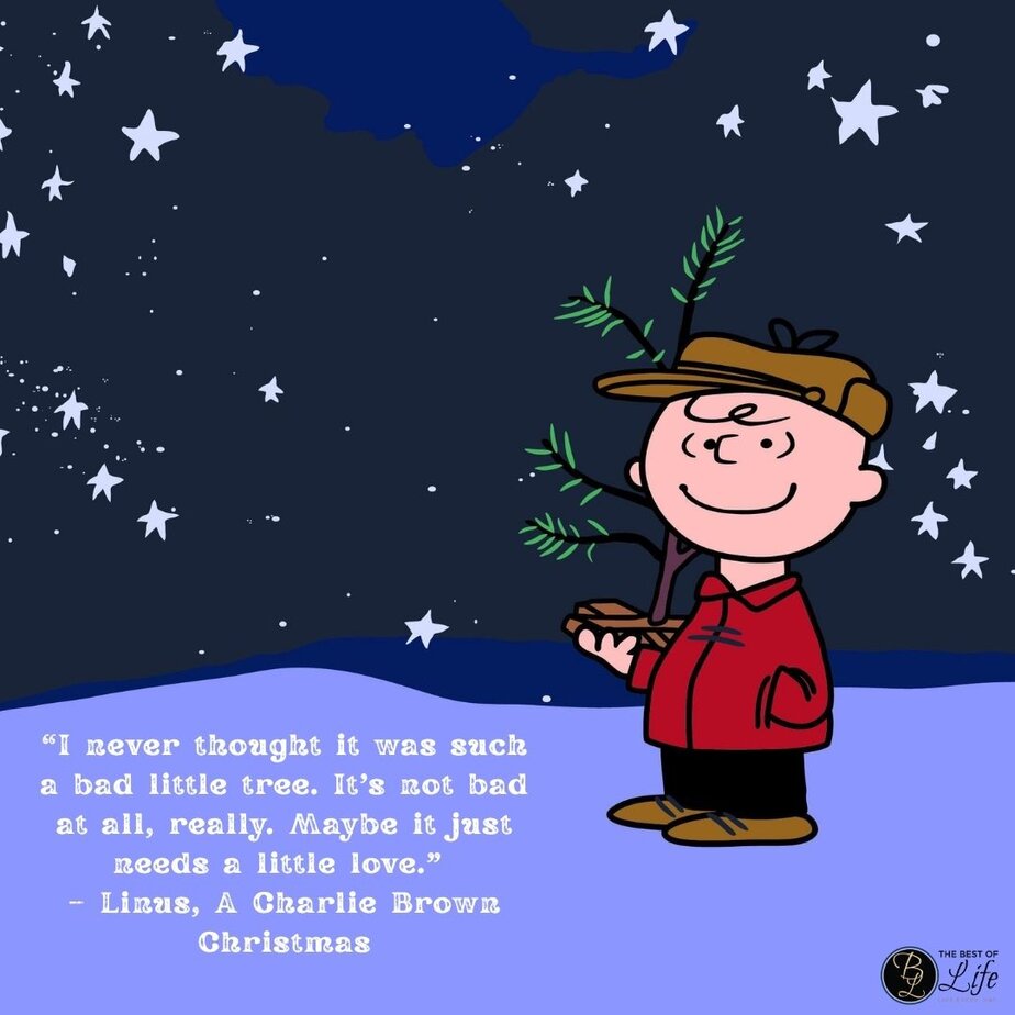 Best Christmas Quotes from Movies "I never thought it was such a bad little tree. It's not bad at all, really. Maybe it just needs a little love." - Linus, A Charlie Brown Christmas