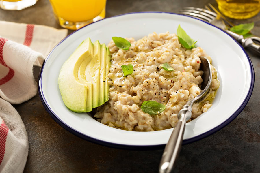 Savory Oatmeal Recipes Savory oatmeal porridge with olive oil and avocado
