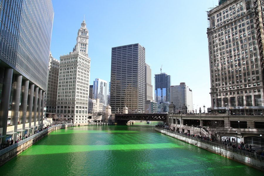 Green Cocktails for St. Patrick's Day View of the Chicago River Turned Green