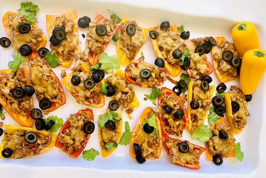 Quick Dinner Recipes Overhead View of a Platter with Bell Pepper Nachos