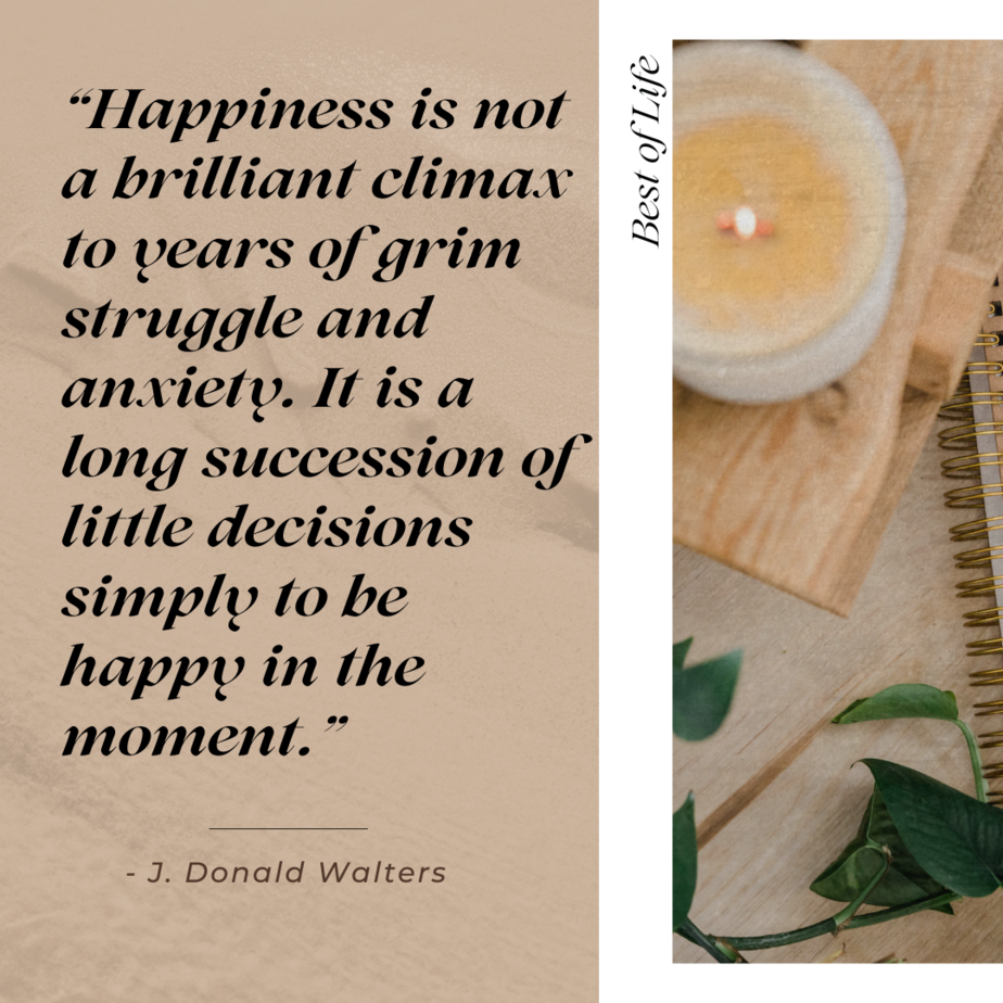 Motivational Quotes for People Who Struggle with Anxiety “Happiness is not a brilliant climax to years of grim struggle and anxiety. It is a long succession of little decisions simply to be happy in the moment.” -J. Donald Walters