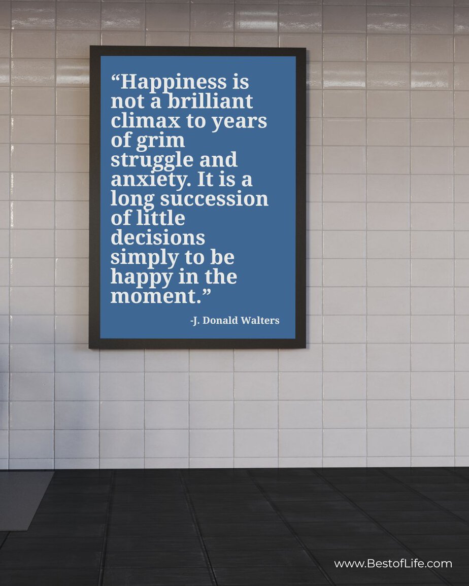 Motivational Quotes for People Who Struggle with Anxiety “Happiness is not a brilliant climax to years of grim struggle and anxiety. It is a long succession of little decisions simply to be happy in the moment.” -J. Donald Walters
