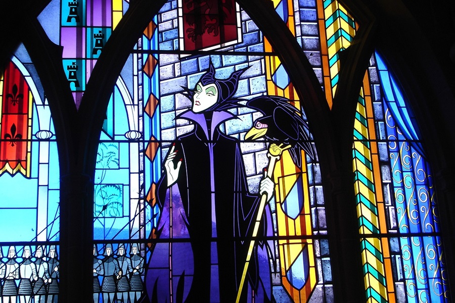 Disney Gifts for All Ages View of a Stained Glass Window with Maleficent on it