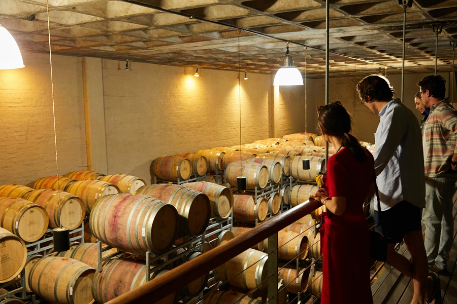 24 Wine Tasting Rooms in Downtown Napa People Standing Against a Railing Above Wine Barrels in a Cellar
