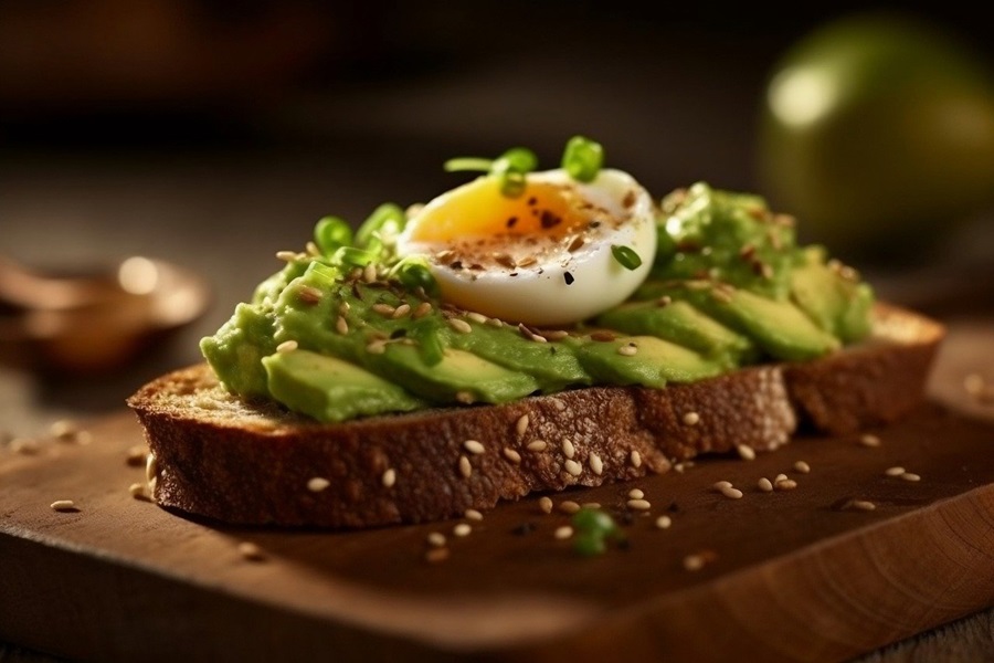 Best Snacks to Eat at Night for Weight Loss Close Up of a Slice of Avocado Toast Topped with a Hard Boiled Egg