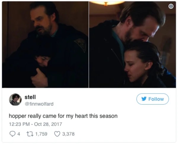 Stranger Things Memes Season 2 Meme of Hopper Holding Mike and Another Pic of Him Holding El