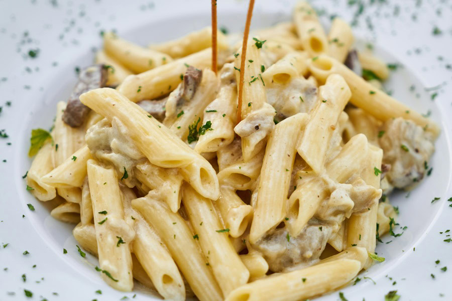 White Wine Pasta Sauce Recipes Close Up of a Plate of Rigatoni with a White Pasta Sauce 