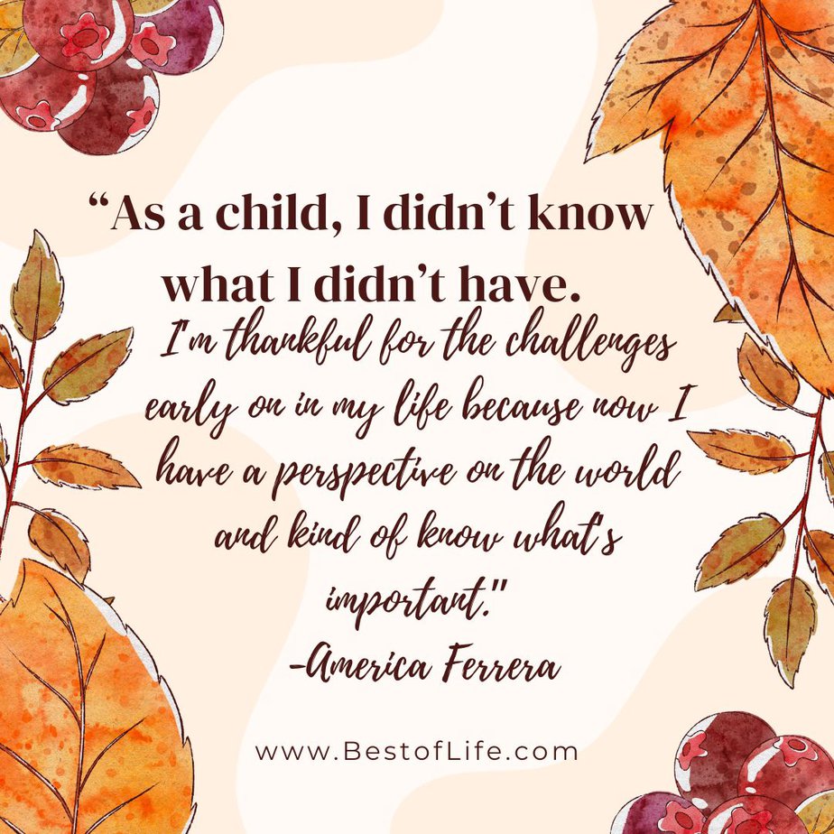 Best Thankful Quotes for Thanksgiving “As a child, I didn’t know what I didn’t have. I’m thankful for the challenges early on in my life because now I have a perspective on the world and kind of know what’s important.” -America Ferrera