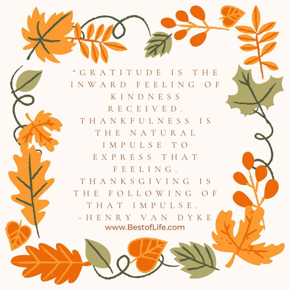 Best Thankful Quotes for Thanksgiving “Gratitude is the inward feeling of kindness received. Thankfulness is the natural impulse to express that feeling. Thanksgiving is the following of that impulse. -Henry Van Dyke