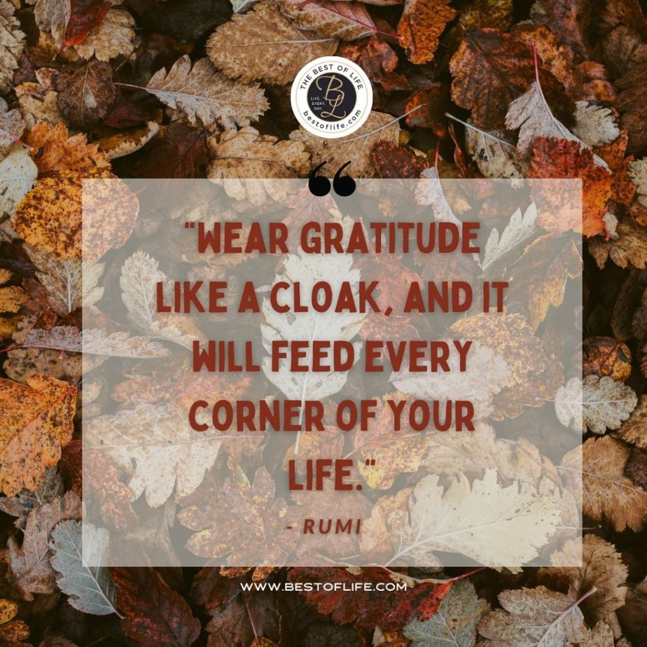Thankful Quotes “Wear gratitude like a cloak, and it will feed every corner of your life.” -Rumi
