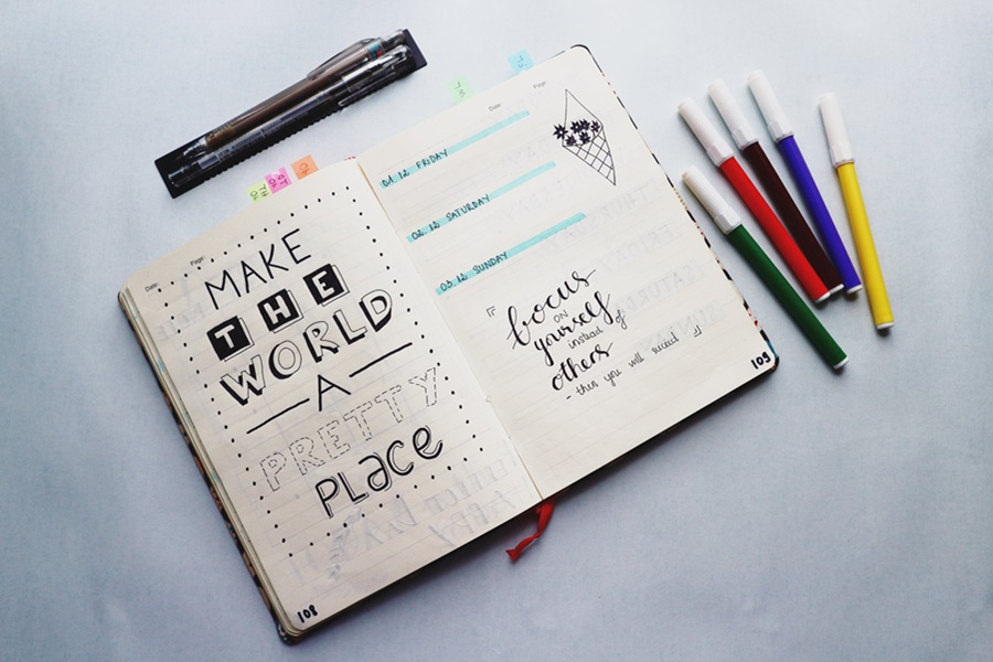 Simple Weekly Spread Bullet Journal Ideas Close Up of an Open Bullet Journal Filled with Writing Next to Colorful Pens