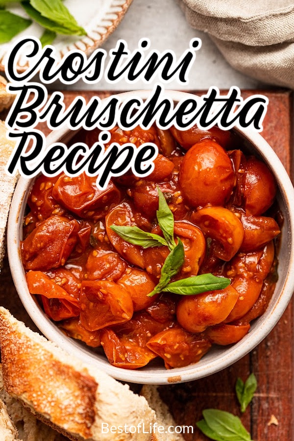 Making a luxurious appetizer is easier with this crostini bruschetta appetizer recipe that packs the flavor in an easy party recipe. Party Appetizers | Recipes for Parties | Date Night Recipes | Romantic Recipes | Recipes for a Crowd | Appetizers with Tomatoes | Italian Appetizer Recipes | Italian Recipes for Dinner #bruschettarecipe #partyrecipes