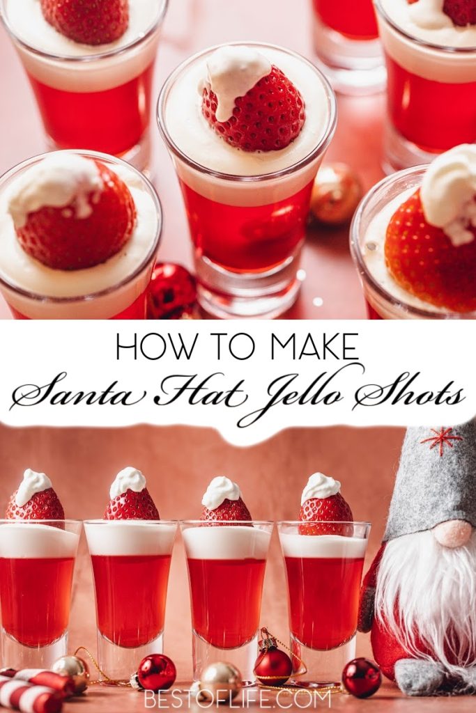 A Santa hat Christmas jello shots recipe is the perfect Christmas party recipe for adults that will liven up the holiday gathering.  Holiday Cocktail Recipes | Holiday Jello Shots | Christmas Jello Shots | Christmas Cocktail Recipe | Christmas Party Recipes | Christmas Party Cocktails | Jello Shots for Christmas | Vodka Jello Shot Recipes #christmasparty #jelloshots