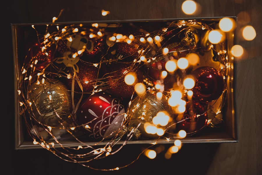 Funny New Year Quotes Close Up of Christmas Lights and Ornaments on a Serving Tray