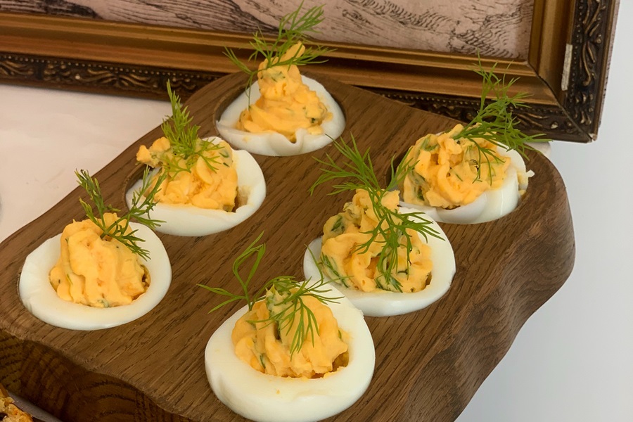 New Years Eve Finger Food Ideas Close Up of a Tray Filled with Deviled Eggs